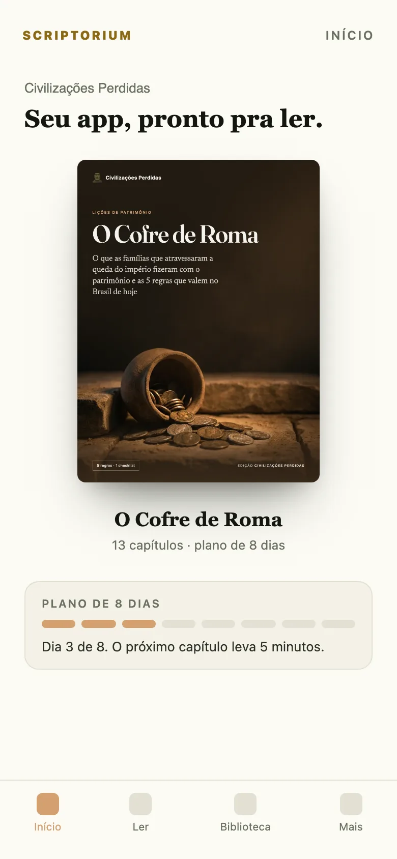 Capa do app: o ebook O Cofre de Roma aberto na tela Início, com o plano de 8 dias